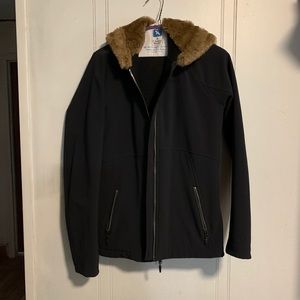 Marmot nylon and fleece car coat with fur trim